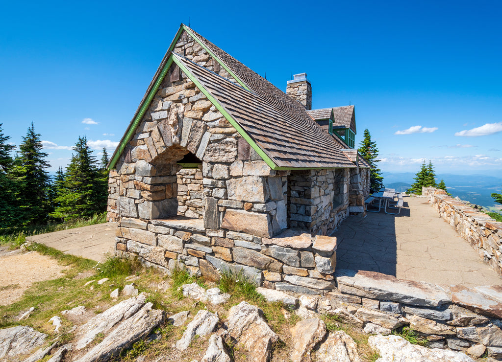 A stone rock built building at the peak of Mt Spokane summit in Spokane, Washington, USA