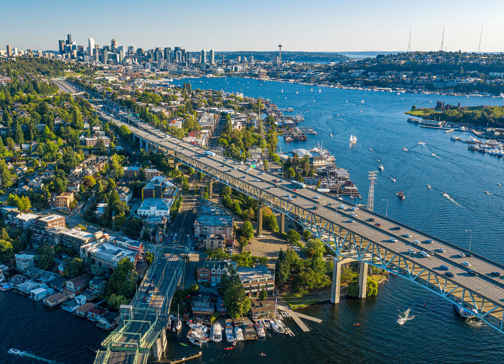 Aerial footage of the Seattle Skyline, Washington