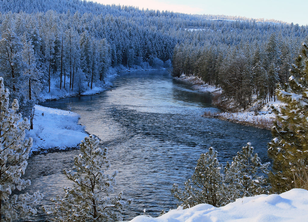 Spokane River Flowing Through a Snowy Forest, Washington