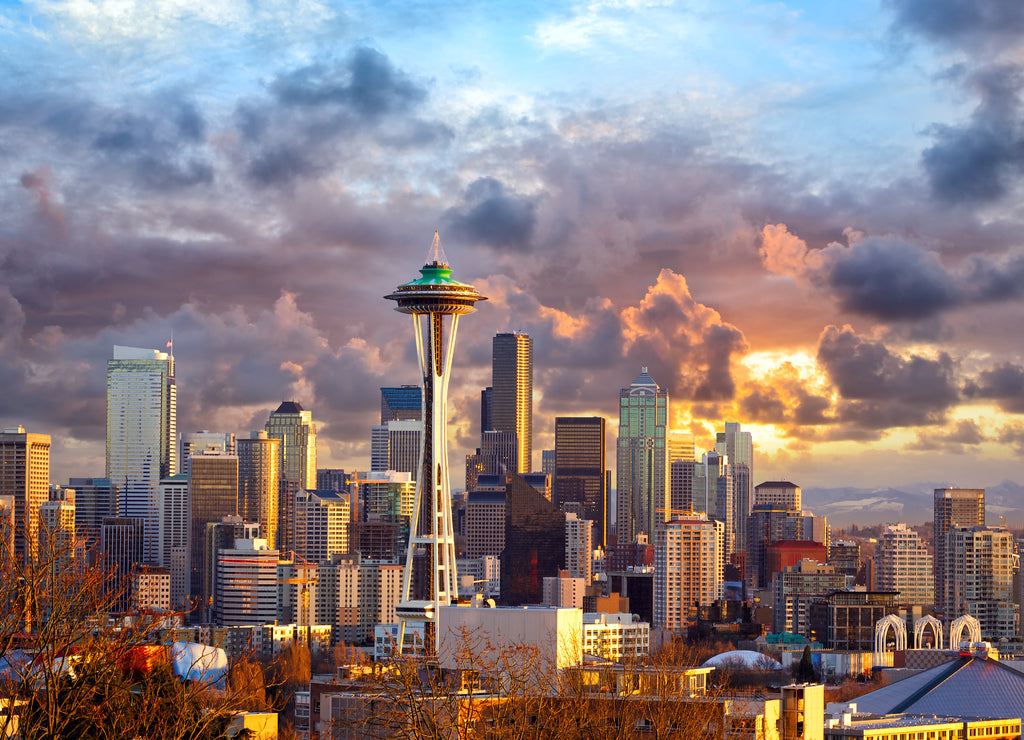 Seattle skyline at sunset, Washington, USA