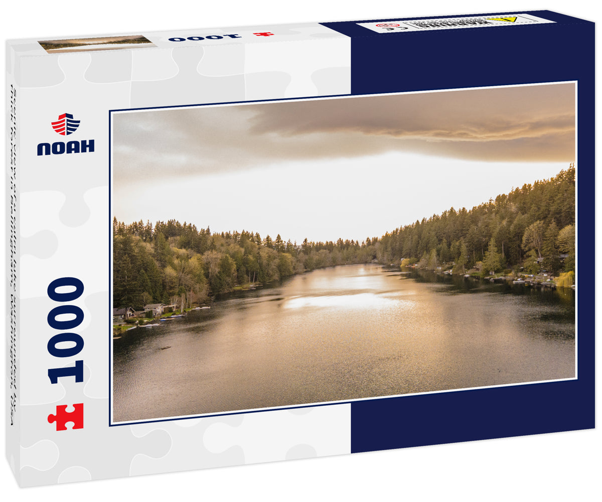 Scenic view of a calm lake surrounded by thick forest in Bellingham, Washington, USA