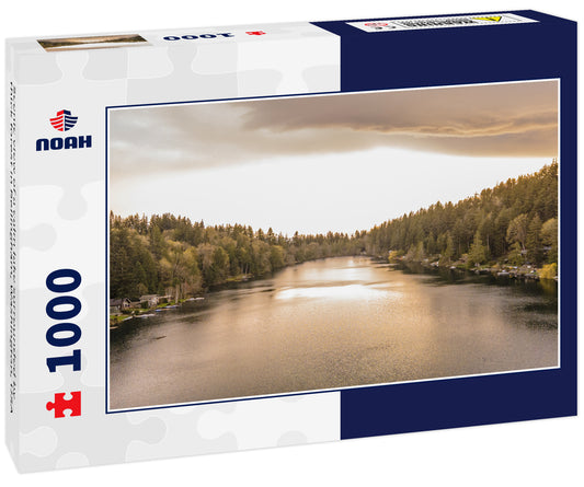 Scenic view of a calm lake surrounded by thick forest in Bellingham, Washington, USA