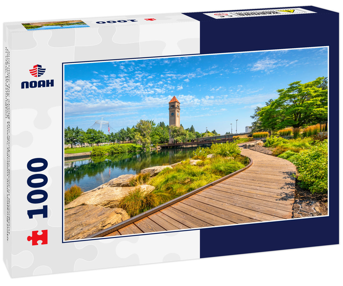 Summer day along the Spokane River in Riverfront Park with the Clock Tower, Pavilion and walking path in view, Washington
