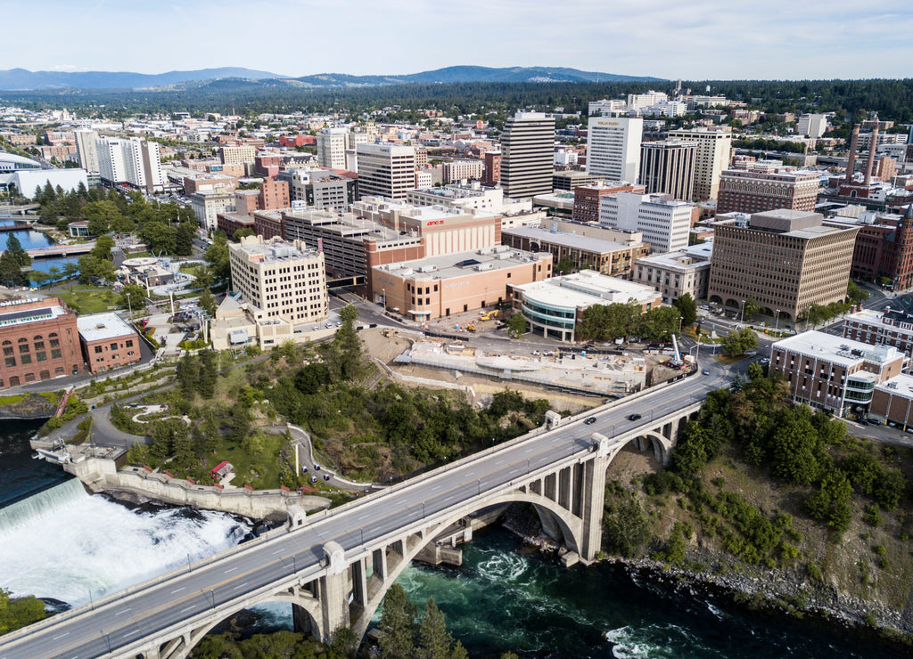 Aerial view of Spokane Washington with bridge