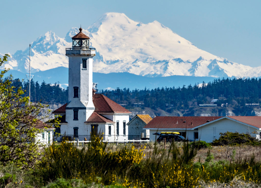 Mount Baker and lighthouse in Port Townsend, Washington