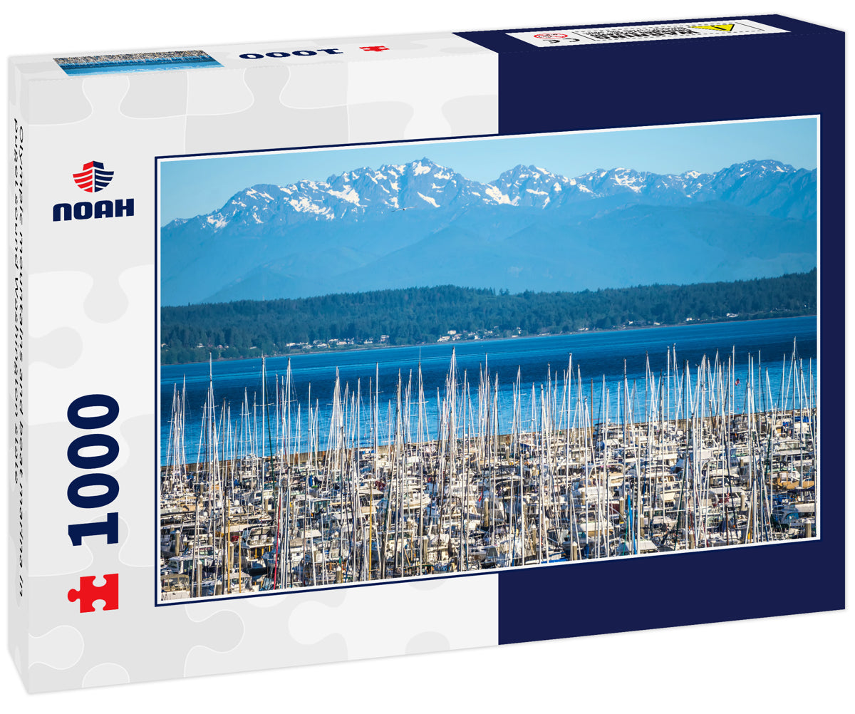 Olympic mountains and boat marina in puget sound Washington state