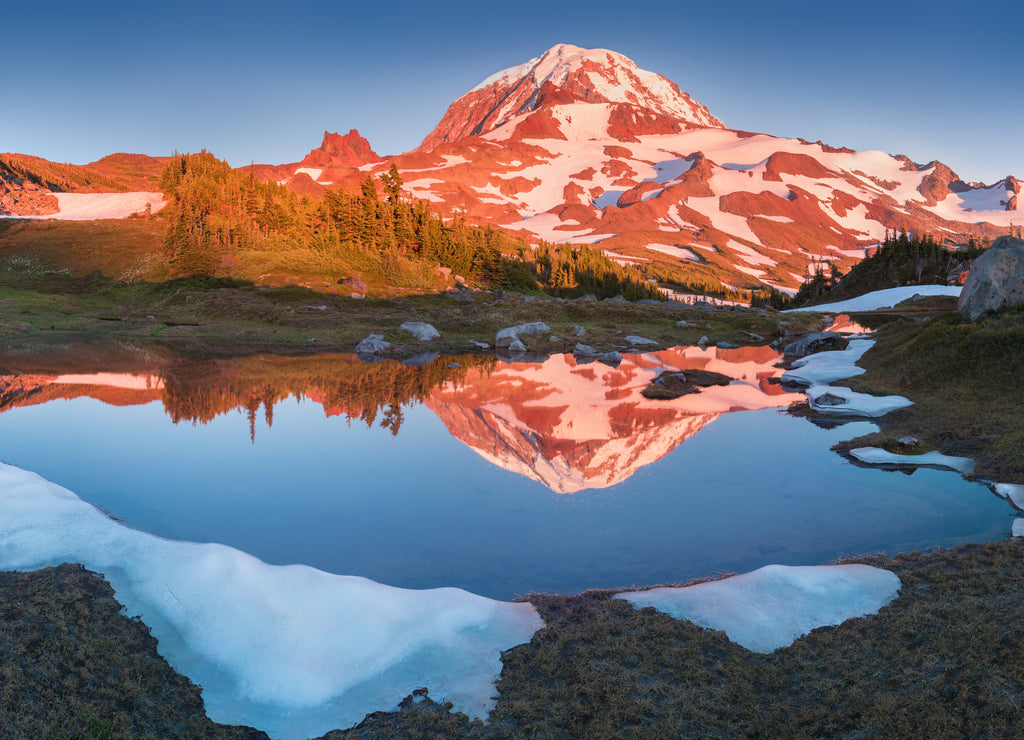 The beauty & tranquility of a summer evening at Mount Rainier National Park. Tall evergreen trees that line an alpine lake & blue sky are reflected on the calm water, Spray Park, Washington State, USA