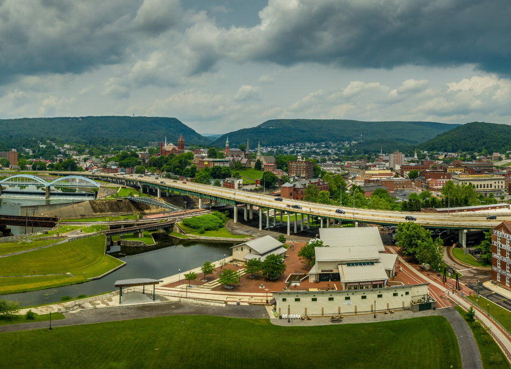 Aerial view of Cumberland Maryland in Allegany County along the Potomac river