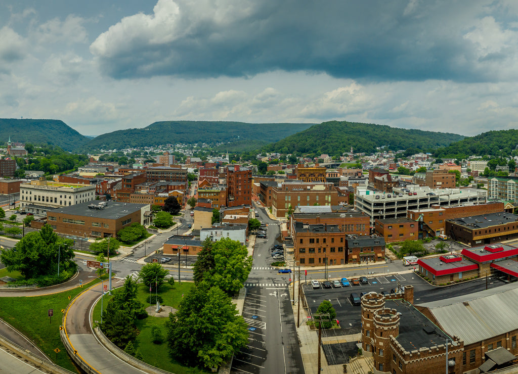Aerial view of Cumberland Maryland in Allegany County along the Potomac river