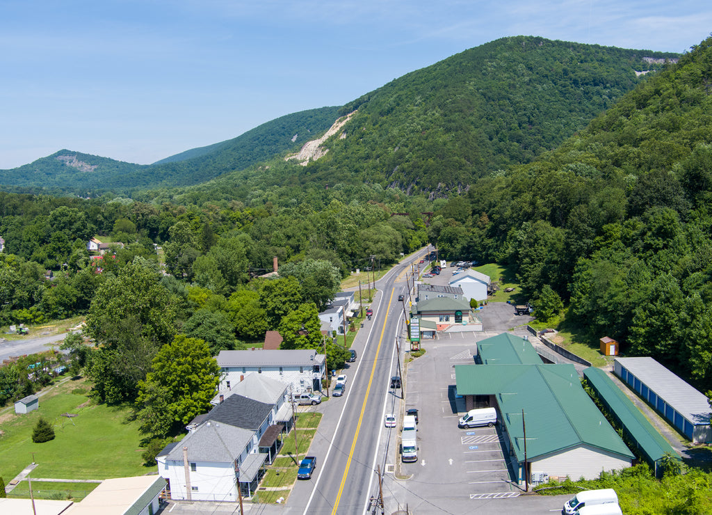 Aerial view of La Vale (Narrows Park), Allegany County, Maryland. La Vale is located in the Ridge and Valley region of the Appalachian Mountains