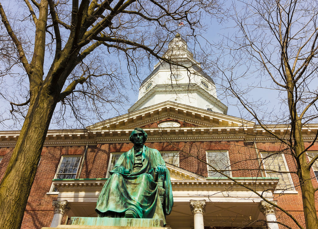 Statue of Roger Brooke Taney fronting the southern entrance to The Maryland State House, State Circle, Annapolis, Maryland