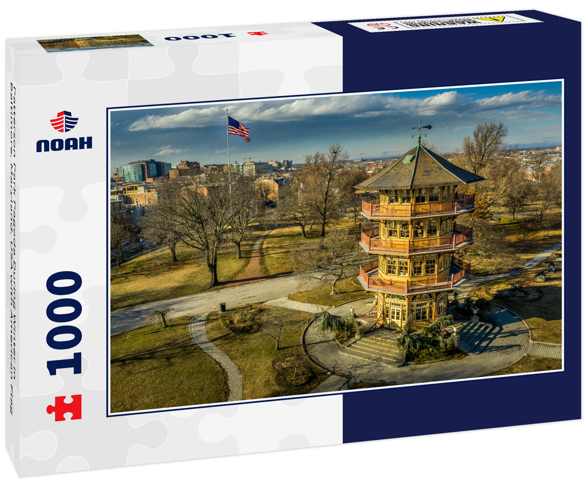Patterson Park Pagoda During Winter in Baltimore, Maryland, USA with American Flag