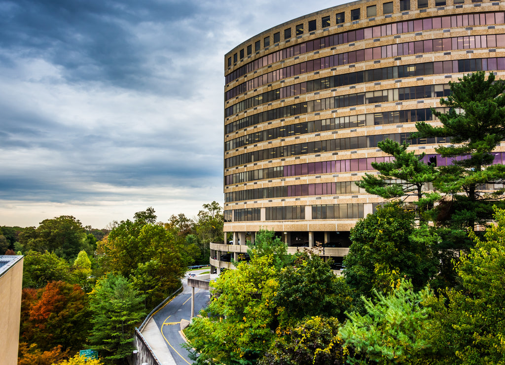 View of a large circular building in Towson, Maryland
