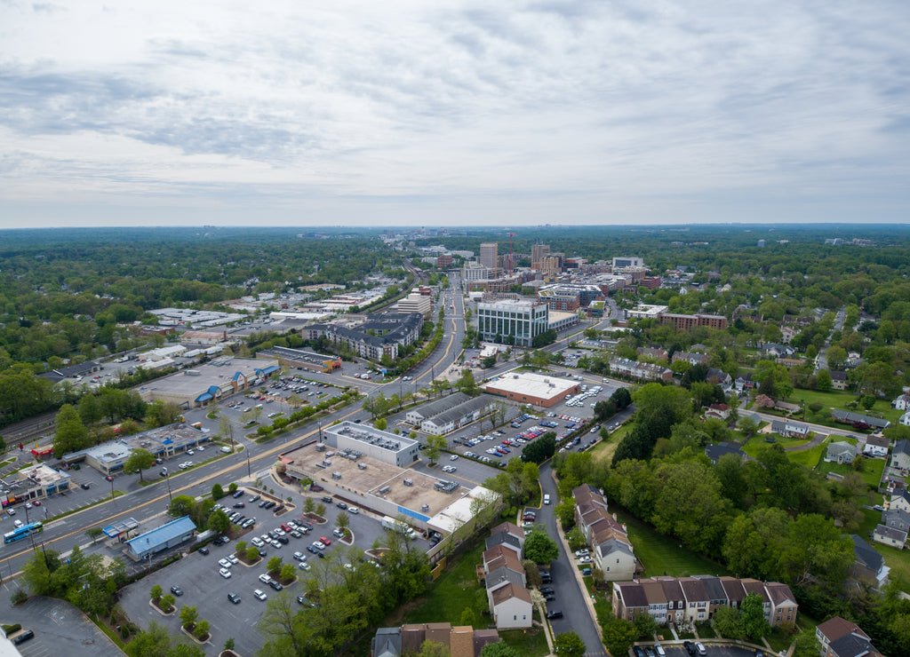 Aerial view of downtown Rockville, Montgomery County, Maryland. Taken from the edge of the FAA-imposed flight restricted zone (FRZ) that surrounds Washington, DC.