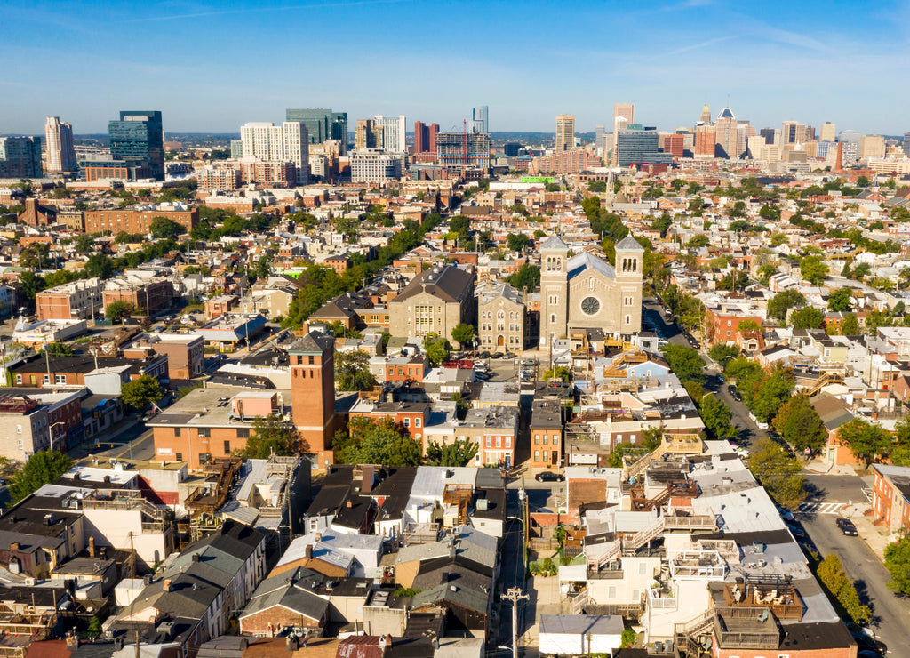 Wide Aerial Perspective over Streets and Neighborhoods of Baltimore Maryland