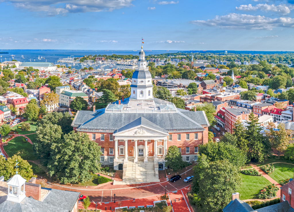 Aerial drone of Maryland State House, Annapolis with city