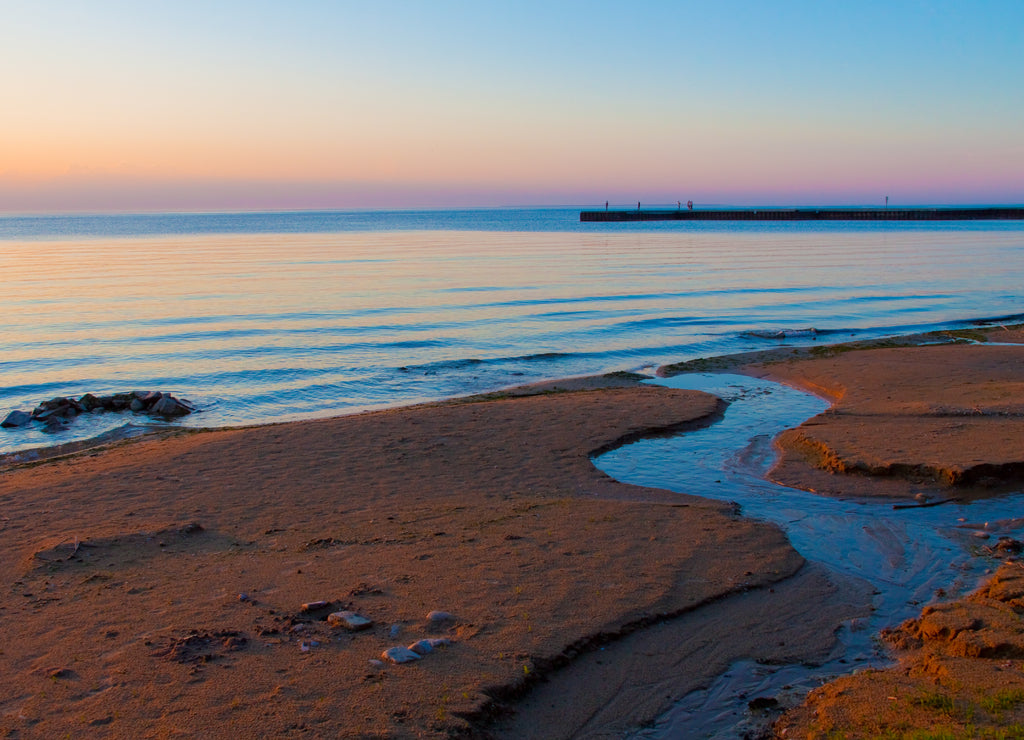 Sand Beach and Fishing Pier on Green Bay at Sunset, Frank E. Murphy County Park, Egg Harbor, Wisconsin, USA