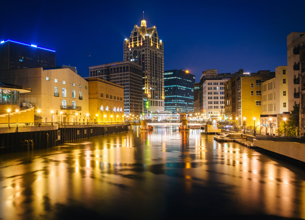 Buildings along the Milwaukee River at night, in Milwaukee, Wisconsin