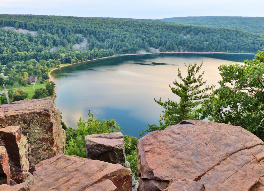 Beautiful Wisconsin nature background. Areal view on the South shore beach and lake from rocky ice age hiking trail. Devils Lake State Park, Baraboo area, Wisconsin, Midwest USA