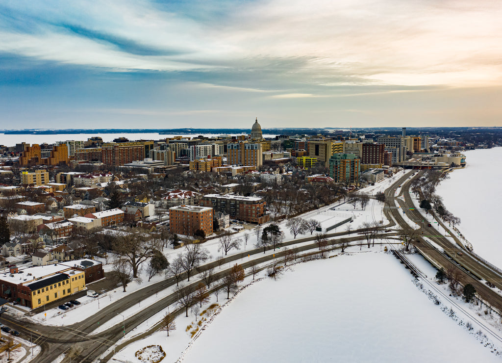 aerial drone shot of Madison Wisconsin