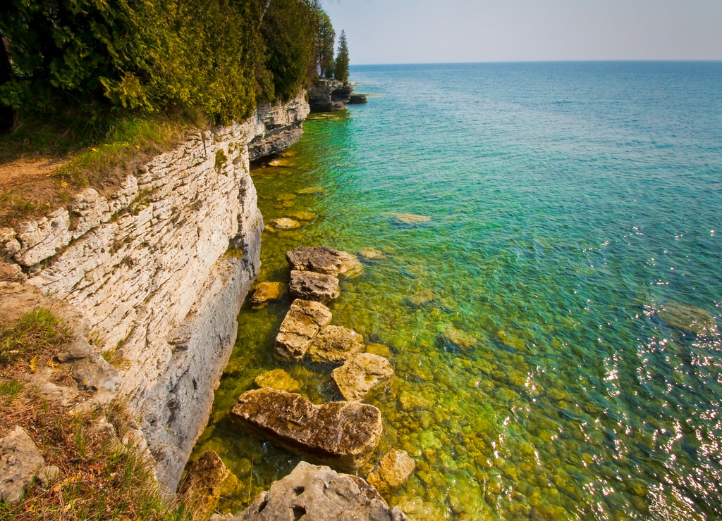 Green Waters of Lake Michigan and The Limestone Bluffs of Cave Point, Cave Point County Park, Door County, Wisconsin, USA