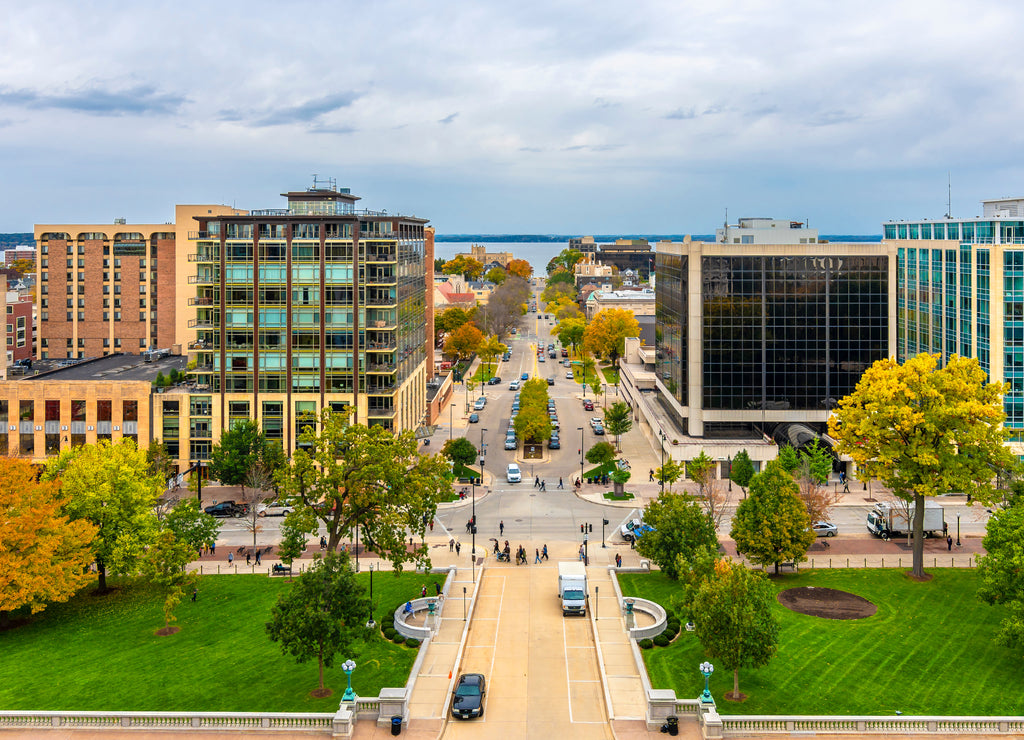 Madison City street view in Wisconsin of USA