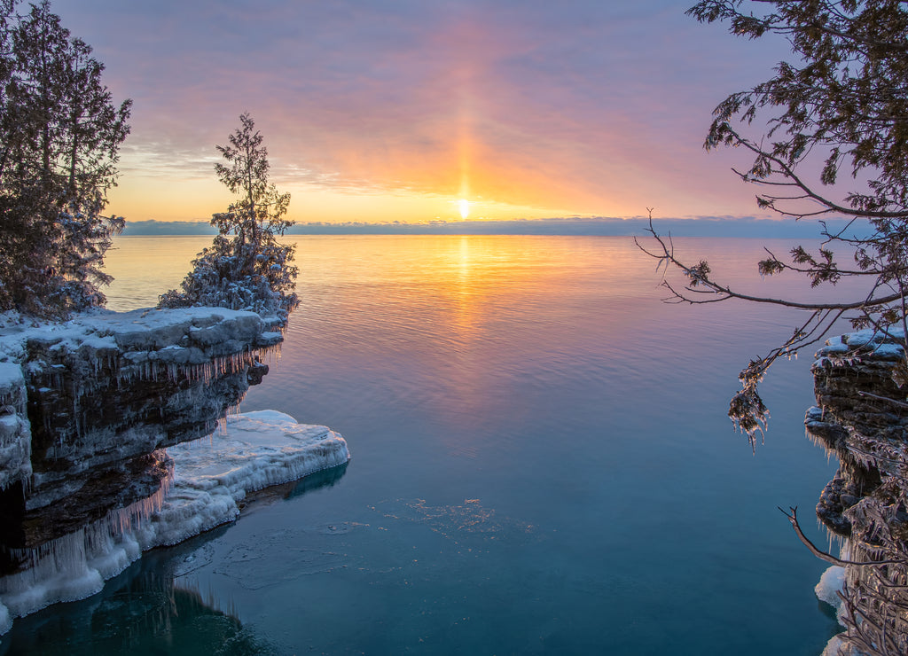 Cave Point Sunrise in Door County Wisconsin Covered in Ice