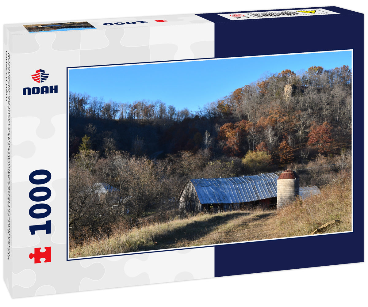 A homestead farm in the Driftless Area of Southwest Wisconsin, shown in the fall with oak trees and an old tobacco barn