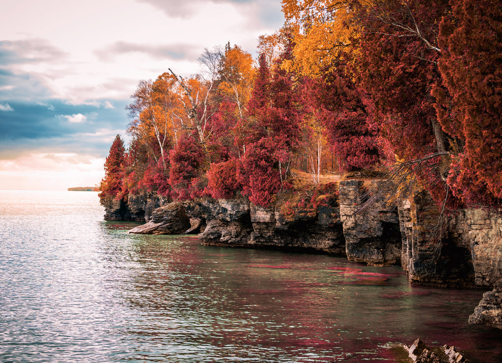 Red and orange trees on the coastal cliffs of Door County, Wisconsin USA