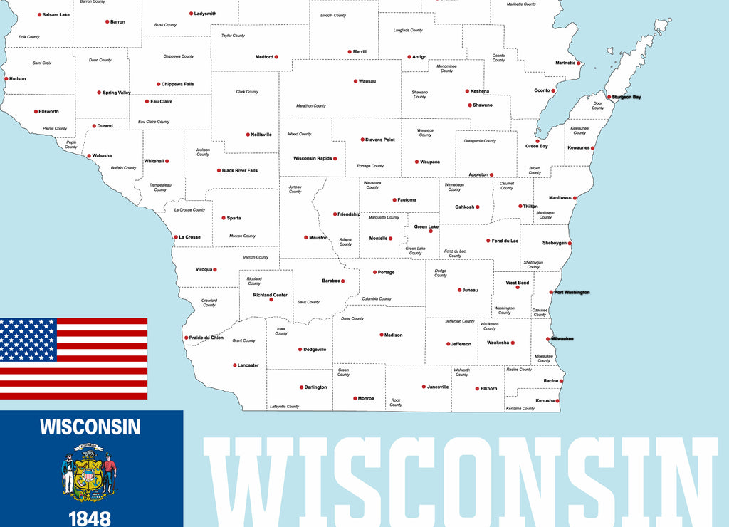 A large and detailed map of the State of Wisoncin with all counties and county seats
