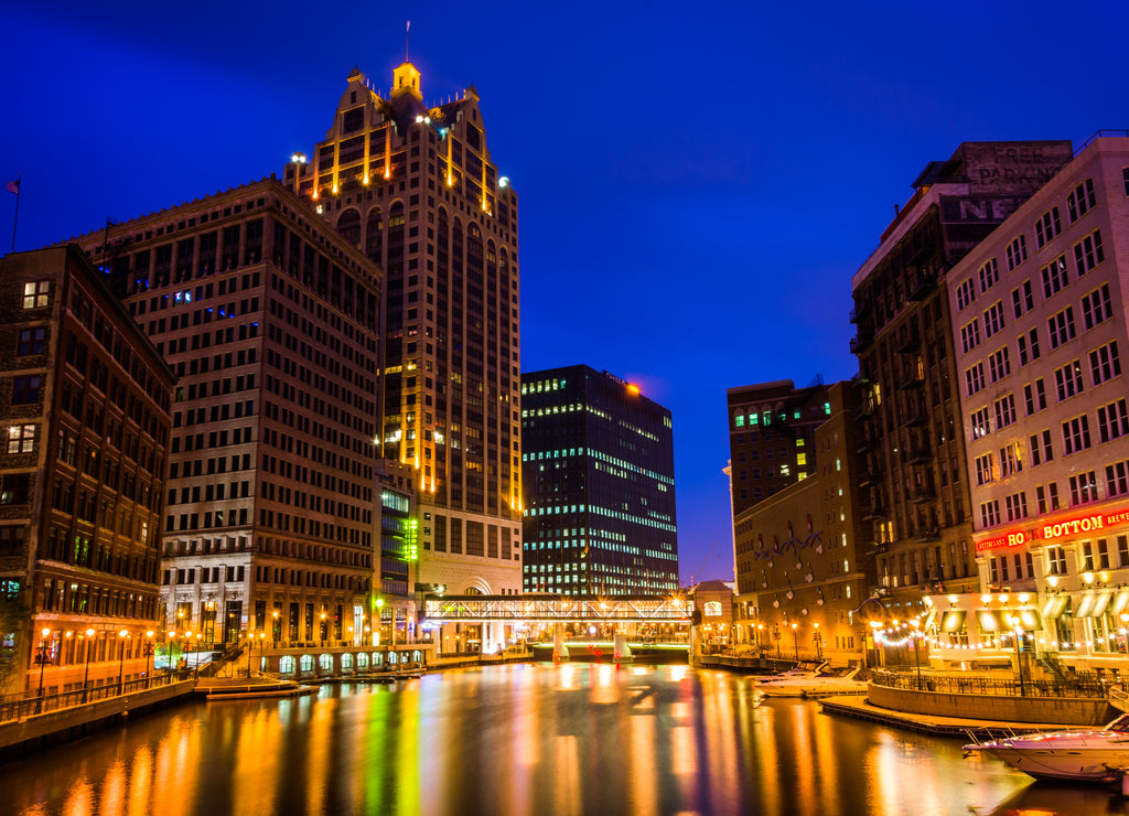 Buildings along the Milwaukee River at night, in Milwaukee, Wisconsin