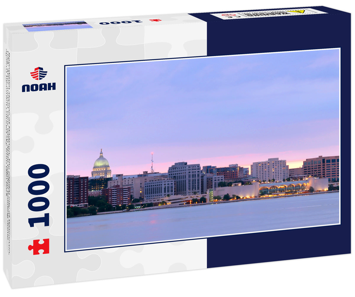 Downtown skyline of Madison, the capital city of Wisconsin, USA. After sunset view with State Capitol building dome against beautiful colored sky from Olin Park