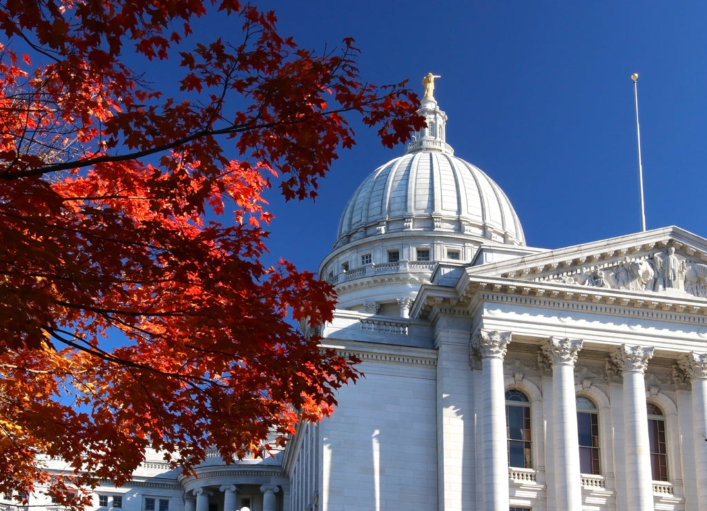 State Capitol Building in sunlight.Scenic view with Wisconsin Capitol building and bright red color maple tree branch in a blue sky background during sunny autumn day. Madison, Wisconsin, Midwest USA