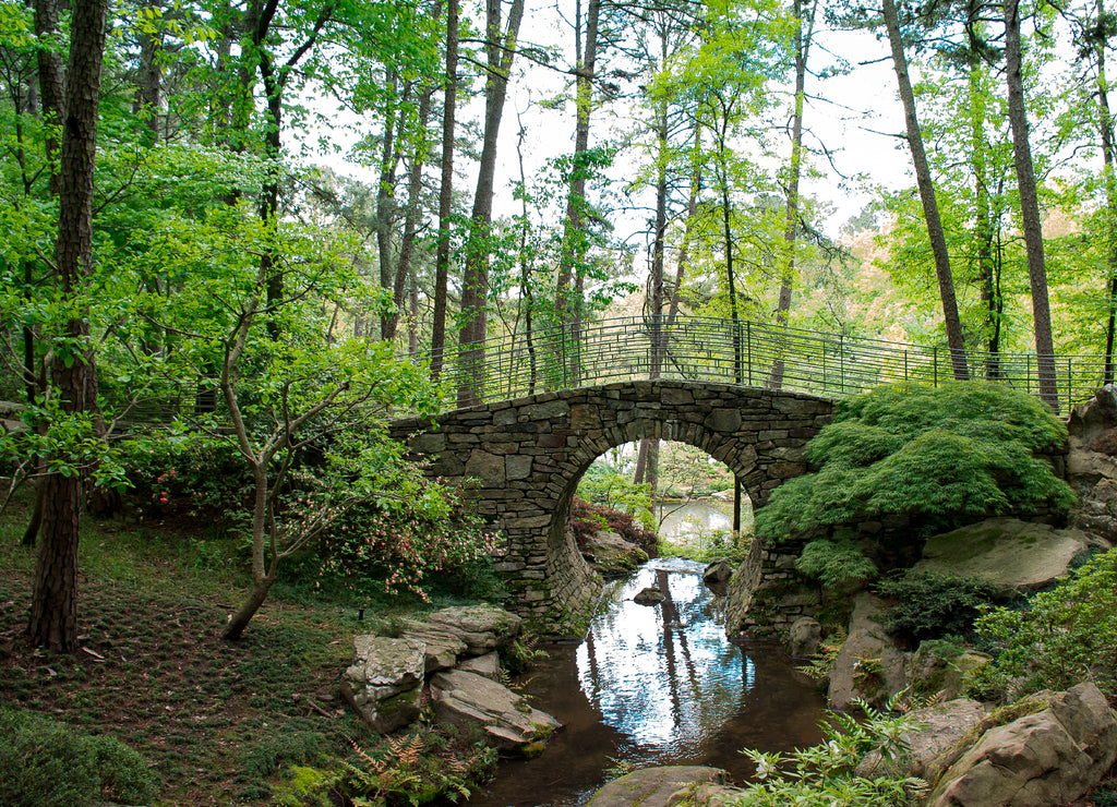 Stone bridge with a stream in a forest in the Ozark mountains Arkansas