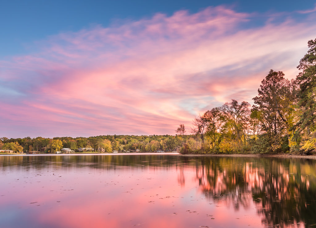 Dramatic Autumn sunset at Hamilton Lake in Arkansas