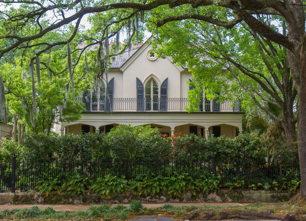 Mansion in Garden District of New Orleans, Louisiana, USA. Upper story windows are framed by branches of live southern oak tree with Spanish moss