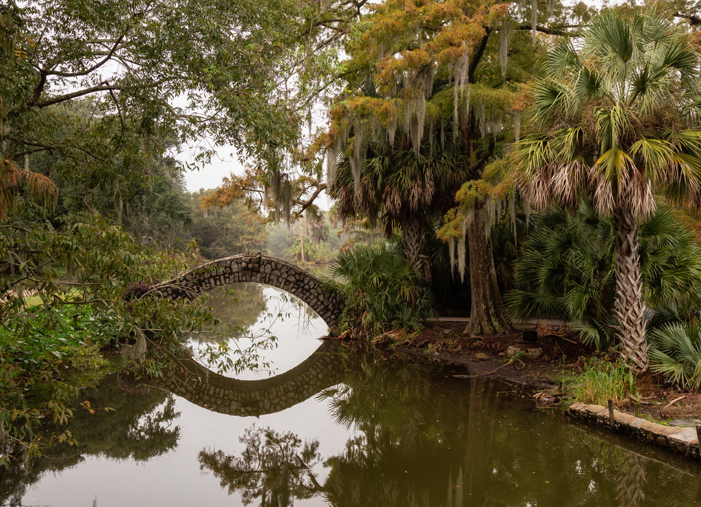 Bridge over a river duing a foggy morning. Taken in City Park, New Orleans, Louisiana, United States