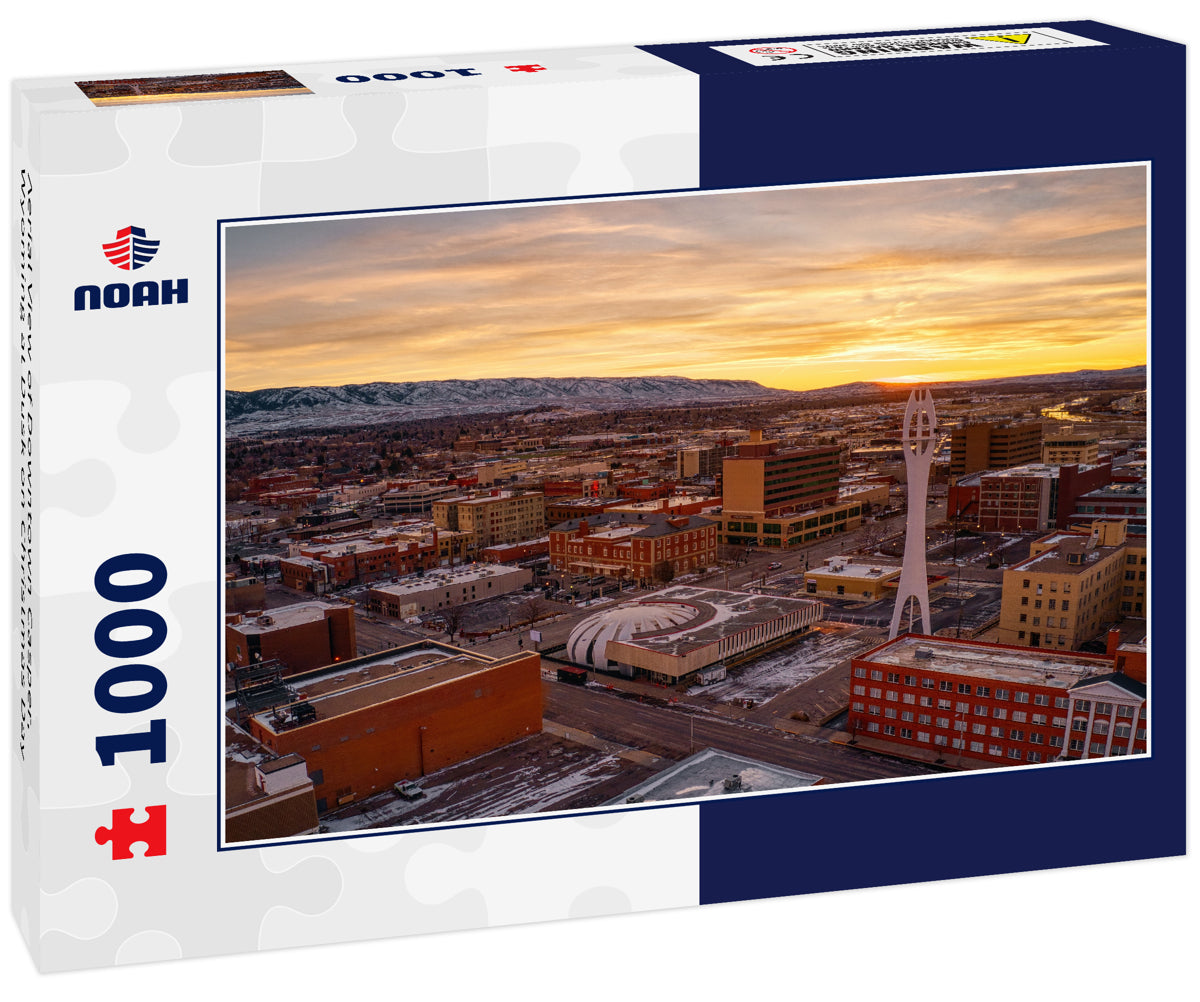 Aerial View of Downtown Casper, Wyoming at Dusk on Christmas Day