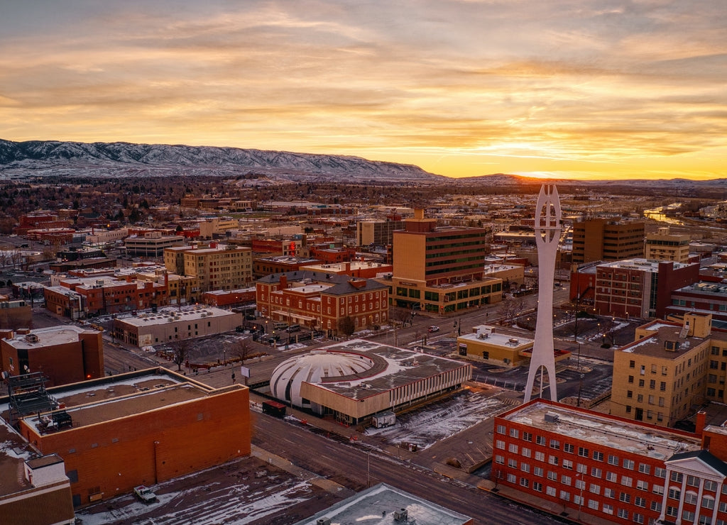 Aerial View of Downtown Casper, Wyoming at Dusk on Christmas Day