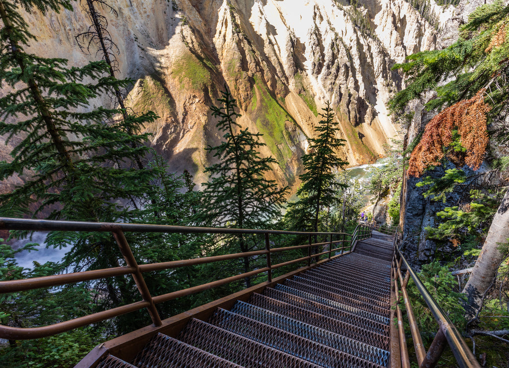Stormy river flows in a narrow gorge in the rocks. Steps down to the bottom of the gorge. Uncle Toms Trail on The Grand Canyon of the Yellowstone National Park, Wyoming