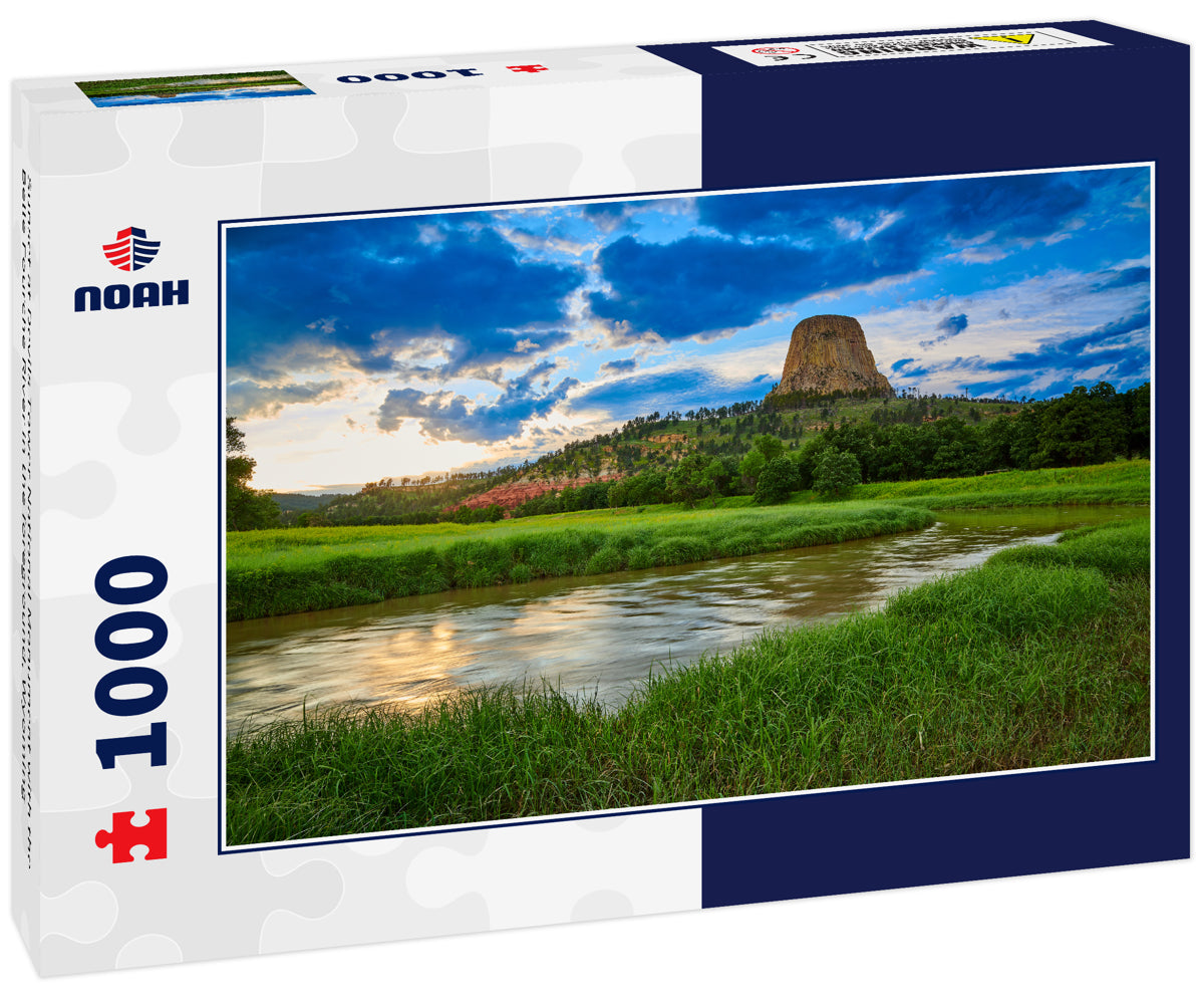 Sunset at Devils Tower National Monument with the Belle Fourche River in the foreground, Wyoming