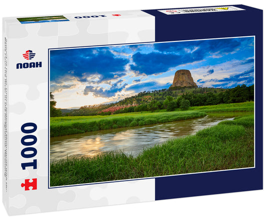 Sunset at Devils Tower National Monument with the Belle Fourche River in the foreground, Wyoming