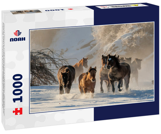Horse running in the snow on a cold winter day with hoar frost on trees on ranch in wyoming in the american west majority of herd being quarter horses some mustangs