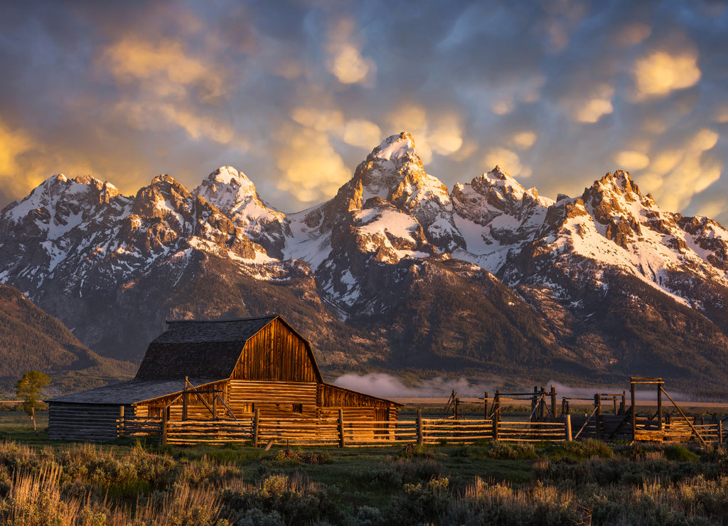 Morning light over John Moulton Barn at the Grand Tetons National Park, Wyoming