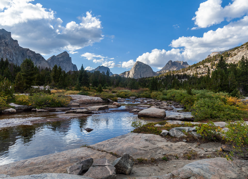 The East Fork River in the Wind River Range of Wyoming. Left to right, Ambush Peak, Raid Peak and Midsummer Dome are seen to the north
