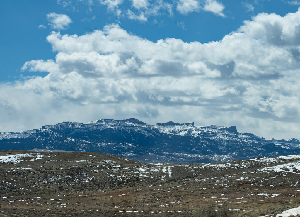 See panoramic view of Absaroka Mountain Range in Yellowstone National Park area of Wyoming. This is the eastern side of the Rockies, near Cody