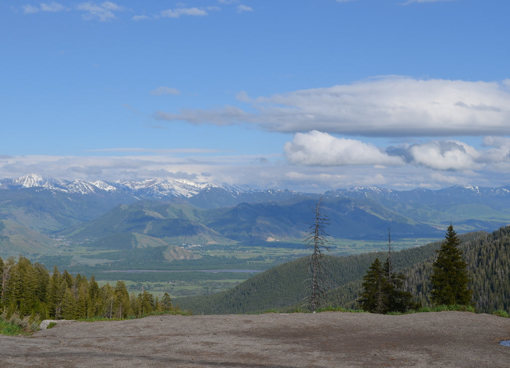 Late Spring in Wyoming: Looking out from Teton Pass to Jackson Hole, Jackson, Snake River, Gros Ventre Mountains and the Wind River Mountain Range