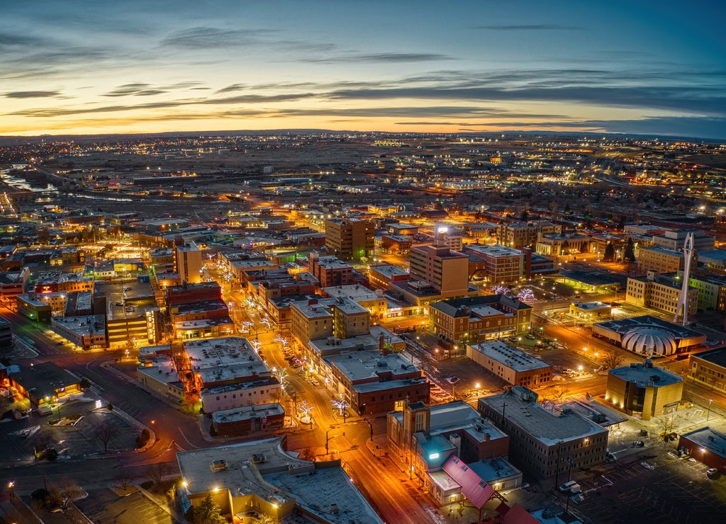 Aerial View of Downtown Casper, Wyoming at Dusk on Christmas Day