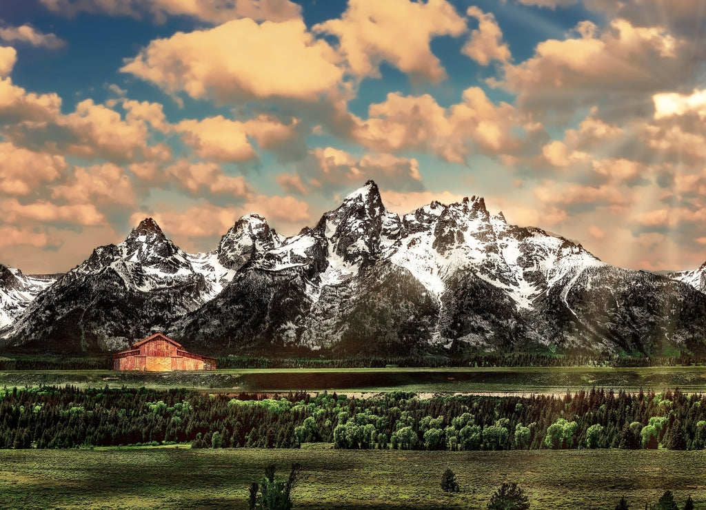 Beautiful shot of the Grand Teton National Park in Wyoming with snowy mountains in the distance