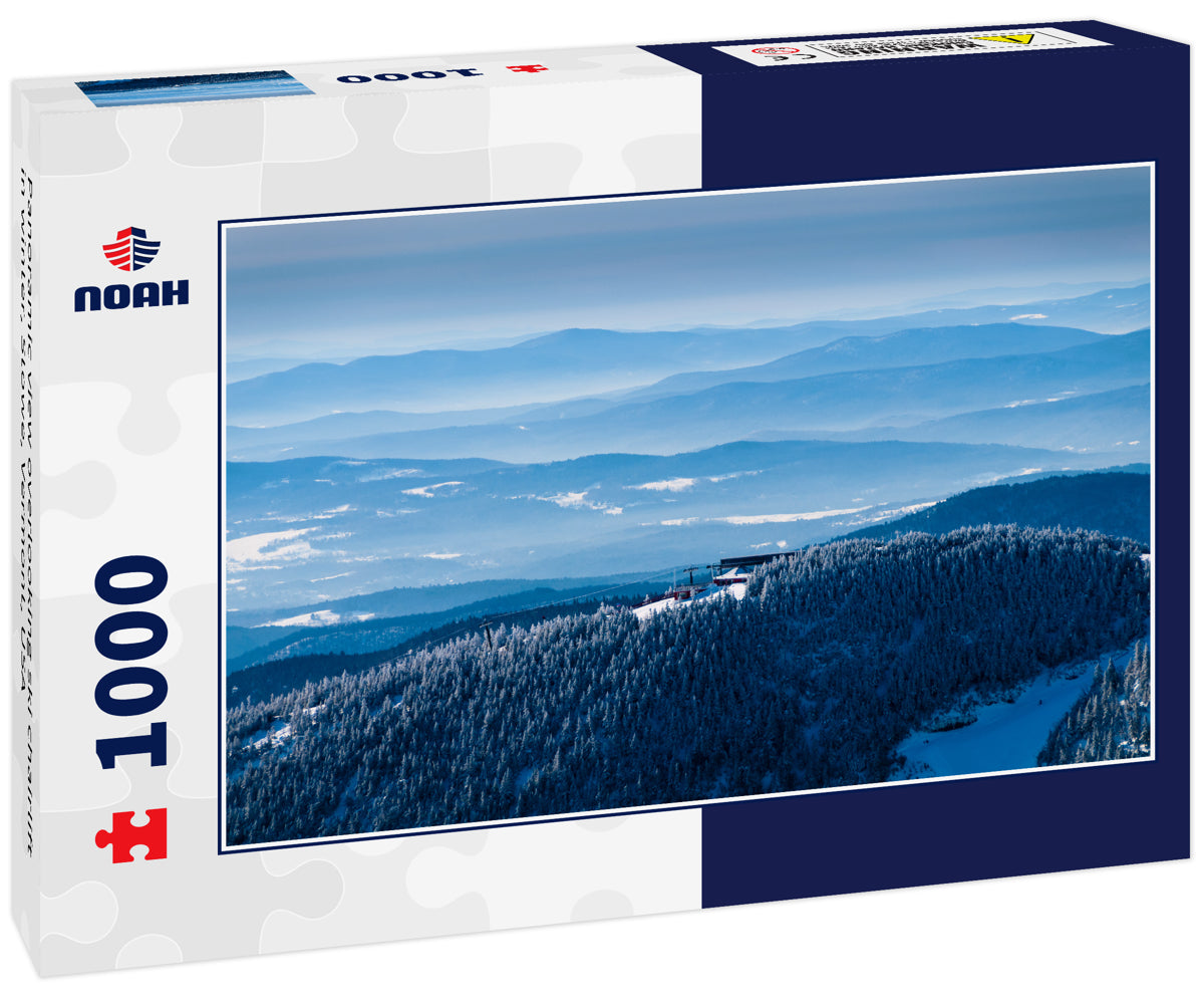 Panoramic view overlooking ski chairlift in winter, Stowe, Vermont, USA